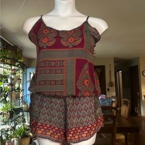 Boho Patchwork Spaghetti Strap Women’s Romper in Burgundy and Green Size Large